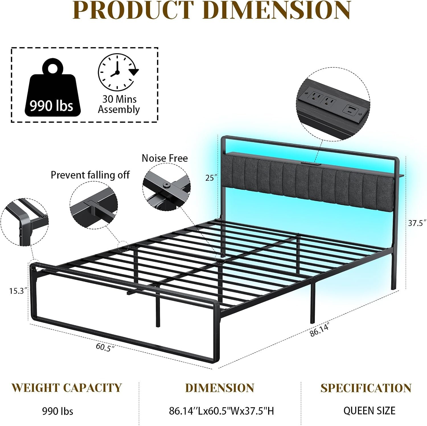 Queen Bed Frame with LED Lights & Charging - Image 2