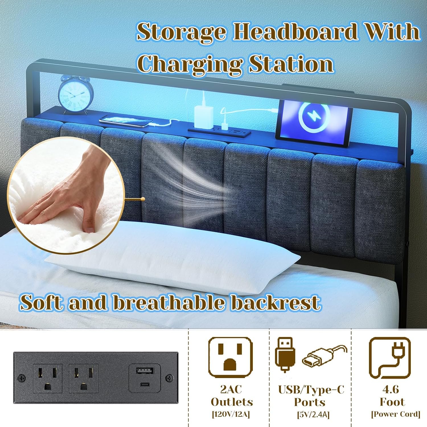 Queen Bed Frame with LED Lights & Charging - Image 4