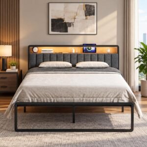 Queen Bed Frame with LED Lights & Charging