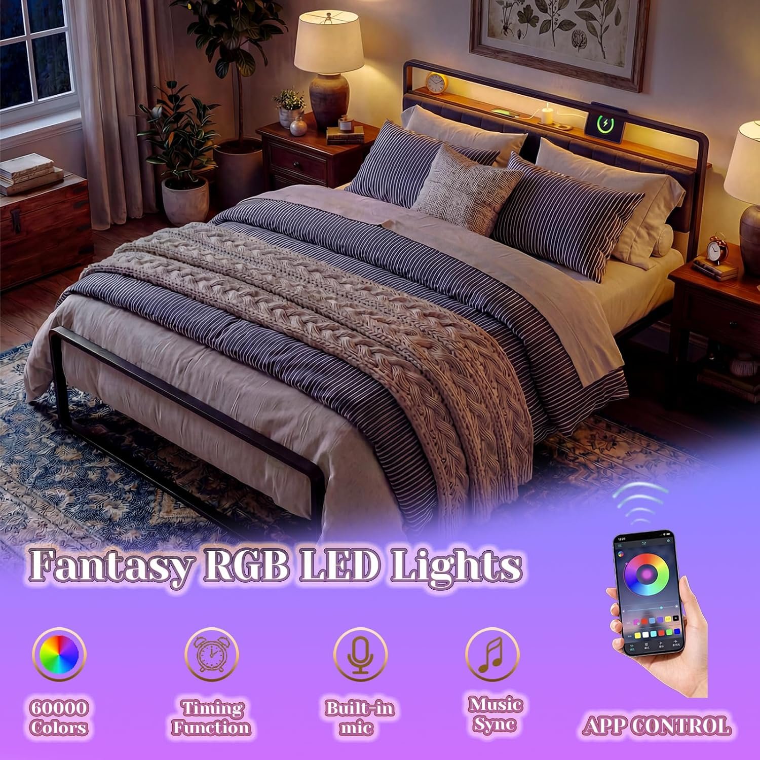 Queen Bed Frame with LED Lights & Charging - Image 3